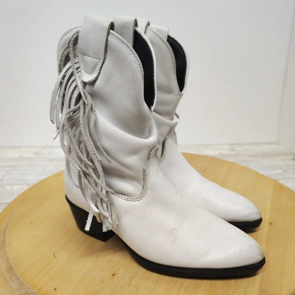 Western Cowgirl Coastal Fringe Cowboy Boots‎ Leather White Kids 11.5M Dingo Vtg